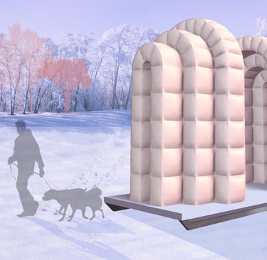 an arched temporary shelter set on a sled