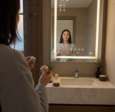 a woman in a robe is looking at her reflection in the mirror Nour Nagy Designs London interior Desi