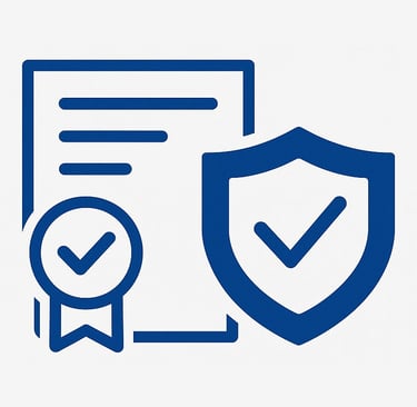 Certified and insured icon with checkmarks and shield, showing Piscus Pools as a trusted, licensed pool service provider 