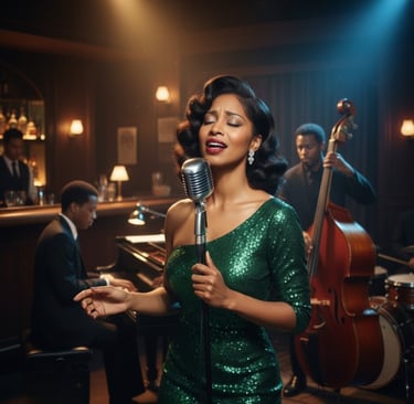 Ruby Mae Davenport performing soulful jazz vocals on stage, wearing a green dress with live band in