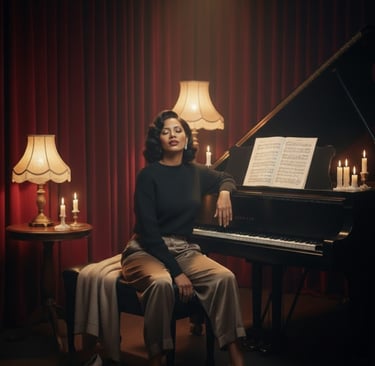 Ruby Mae Davenport seated at a piano in a softly lit room, reflecting quiet strength, musical intima