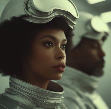 afrofuturism image of a man and woman in space suits and goggles