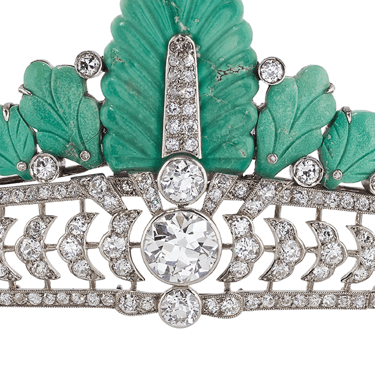 Close-up of turquoise and diamond centrepiece of Nancy Astor’s Cartier tiara.