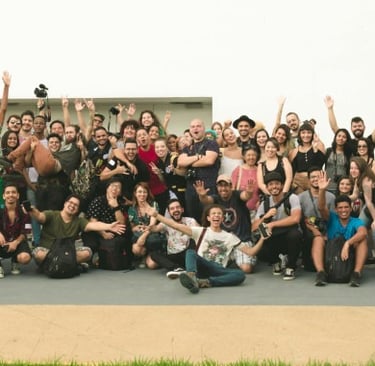 a group of people standing in front of a building