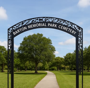 a sign that says barton memorial park in front of a park