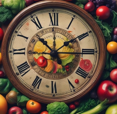 A clock with fruits and vegetables. Nutrition Coach. Healthy Eating. IBD Coach.