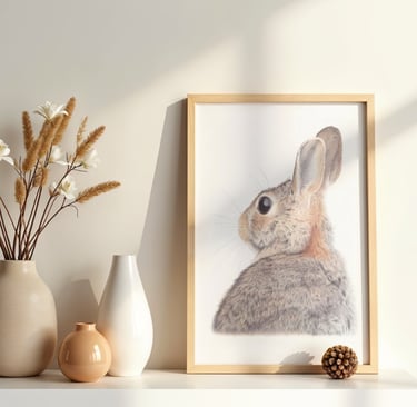 a rabbit drawing next to a vase with flowers