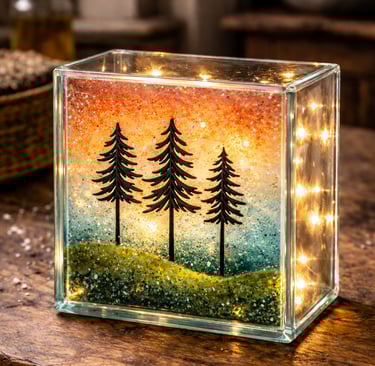 Glass light box with image of tree and landscape in powdered glass