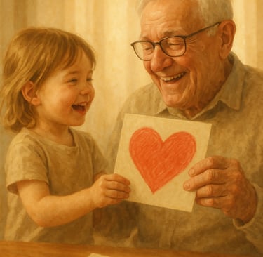 Emotionen verschenken, ein Bild indem ein kleines Kind dem Opa ein Bild mit einem gemalten Herz übergibt in sanften Farben