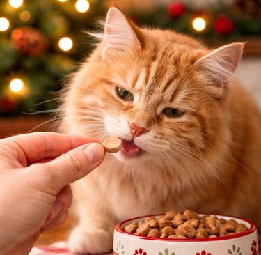 Cat eating a safe holiday treat.