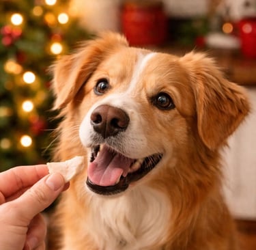 Dog enjoying a safe holiday treat indoors.