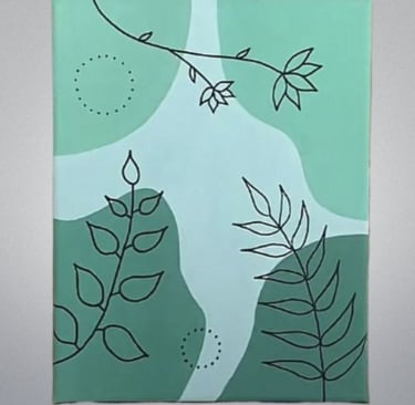 Green botanical artwork with leaves and abstract shapes on canvas.