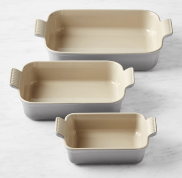 Le Creuset Heritage 3-piece rectangular baking dish set with non-toxic stoneware glaze