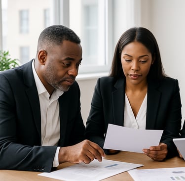 a man and woman sitting at a table with papers