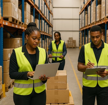 a group of people in safety vests standing in a warehouse