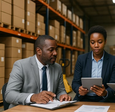 a man and woman in a warehouse setting