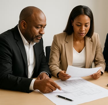 a man and woman sitting at a table with papers