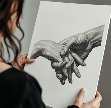 Una mujer sosteniendo una obra de arte acabada