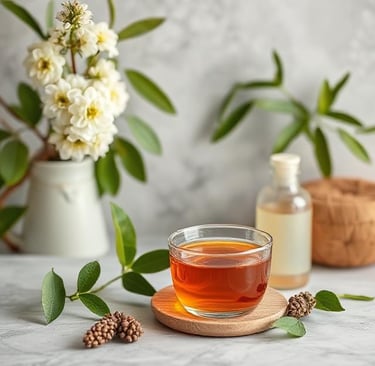 a cup of tea with a bottle of tea and a bottle of tea