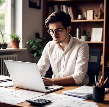 a man sitting at a desk with a laptop computer