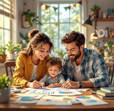 a man and woman sitting at a table with a child