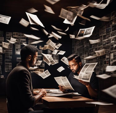 two men sitting at a table with papers flying out of them