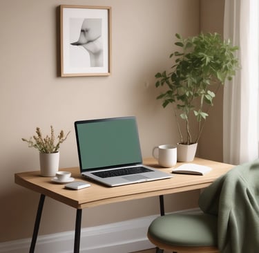 A calm, minimalist workspace with soft beige and blush tones, featuring a laptop and a cup of tea.