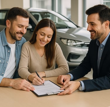 Casal assinando contrato de compra de carro com vendedor em concessionária