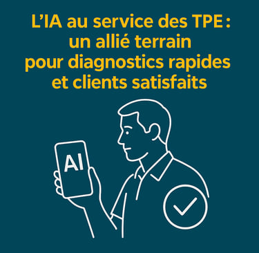 "Artisan tenant un smartphone affichant AI, icône coche, fond bleu."