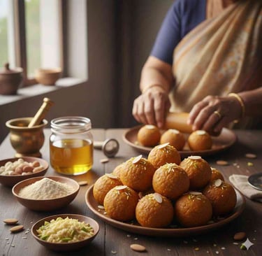 Homemade authentic Besan Laddu, stacked or placed on a traditional plate, showcasing the texture and garnish of a classic Har