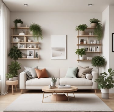 Hands gently arranging a stack of neutral-toned books and plants on a wooden shelf.
