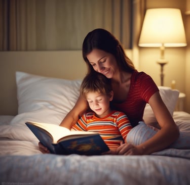 a woman reading a book while her son is reading a book