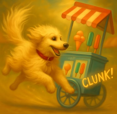 a dog is running around a carton with a carton