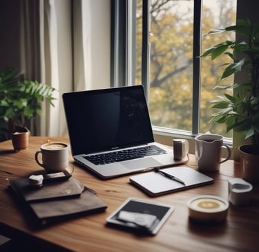 A cozy, sunlit corner with a messy bun hairstyle in progress, surrounded by hair tools and beauty products.