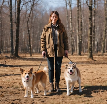 a man standing next to a dog on a leash