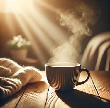 A steaming cup of coffee on a cozy table, with soft lighting and an inviting atmosphere.