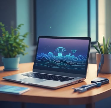 A cozy home office setup with a laptop, a cup of coffee, and a stable Wi-Fi router in the background.