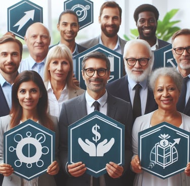 Diverse group of employees holding symbols of financial security and retirement benefits.