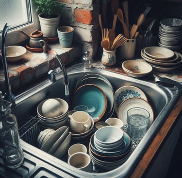 Dirty dishes in sink signifying the overwhelm a woman feels from basic daily tasks in menopause