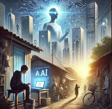 Ilustración de una persona con recursos limitados intentando acceder a tecnología avanzada desde un dispositivo antiguo.