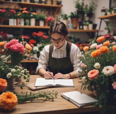 florist woman sat down writing in notebook