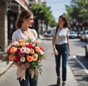 woman holding a beautiful bouquet of flowers in LA street