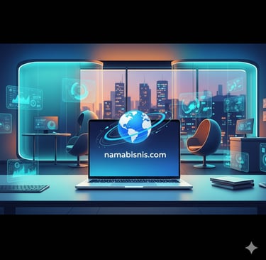 Ilustrasi sebuah laptop modern dengan layar menampilkan nama domain "namabisnis.com" dan sebuah ikon globe yang berputar.