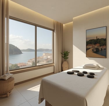 Um quarto com uma grande janela e vista para o oceano e um quadro do porto