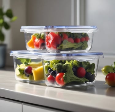 Glass food storage containers on a kitchen counter with vegetables, tidy and budget-friendly.