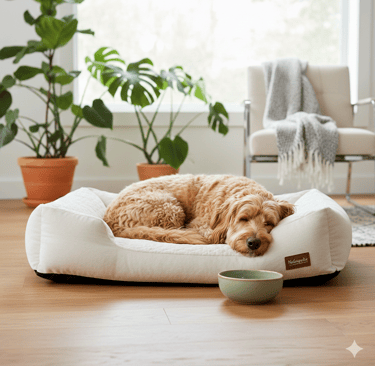 Golden doodle sleeping in a non-toxic organic cotton pet bed
