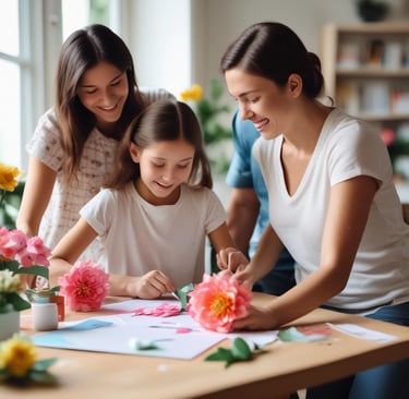 happy family making paper flowers on table