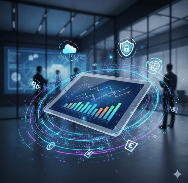Um tablet apresentando gráficos financeiros em um ambiente moderno.