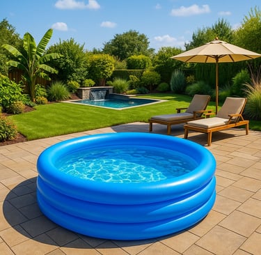 Piscina playground inflável em formato de arco-íris montada em quintal com gramado, ideal para crian