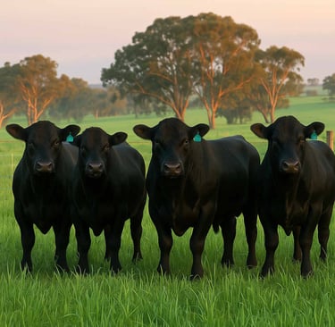 4 black bulls in green grass paddock trees in the background